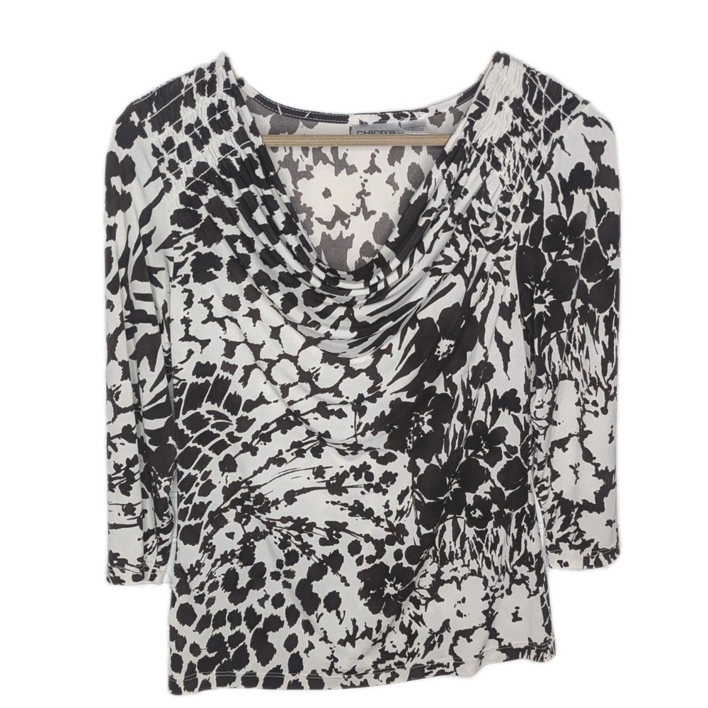 Chicos Women's Blouse 0 (Small 4-6) Animal Print Floral 3/4 Sleeve Cowl Neck